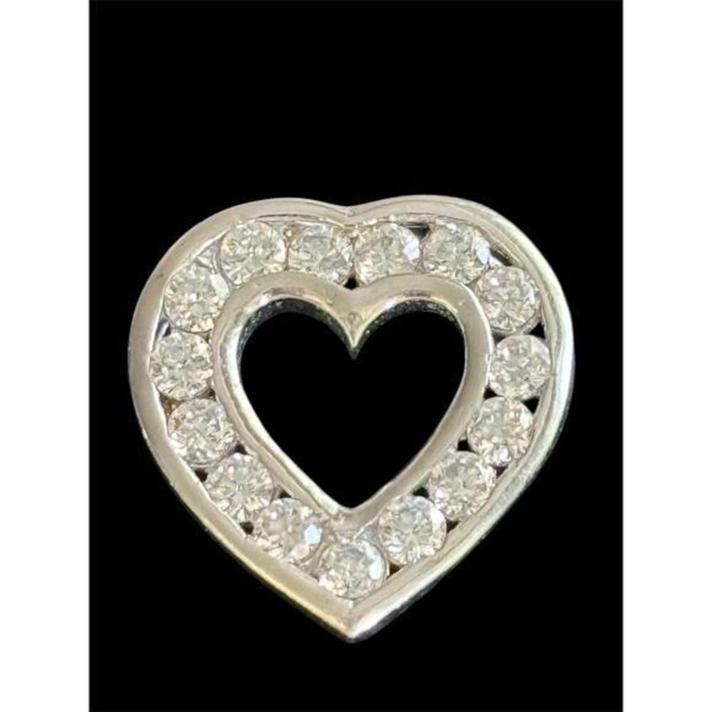 Vtg Sterling Silver CZ Floating Heart Pendant 925 5/8”